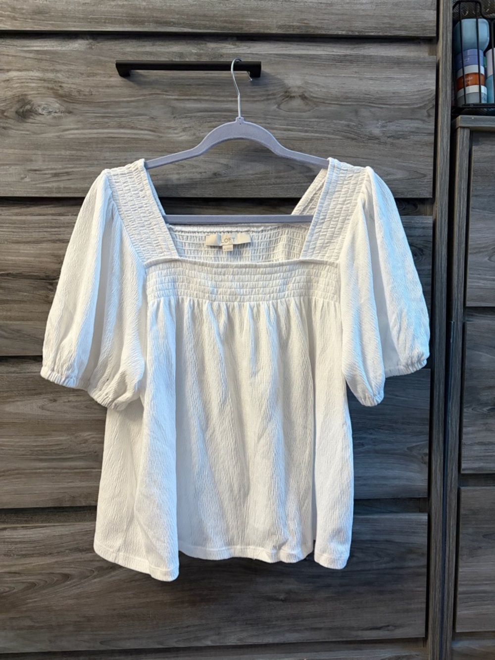 LOFT White Square Neck Smocked Yoke Puff Sleeve Blouse
